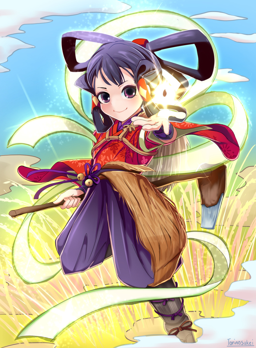 1girl artist_name aura bell black_hair blue_sky boots bracelet clouds commentary floral_print full_body furisode glowing hagoromo hair_ribbon hair_rings hair_tubes hakama highres hoe japanese_clothes jewelry jingle_bell kimono looking_at_viewer open_hand outdoors outstretched_hand ribbon rice sakuna-hime seed shawl short_hair sidelocks sky smile solo standing standing_on_one_leg tensui_no_sakuna-hime torinosuke violet_eyes