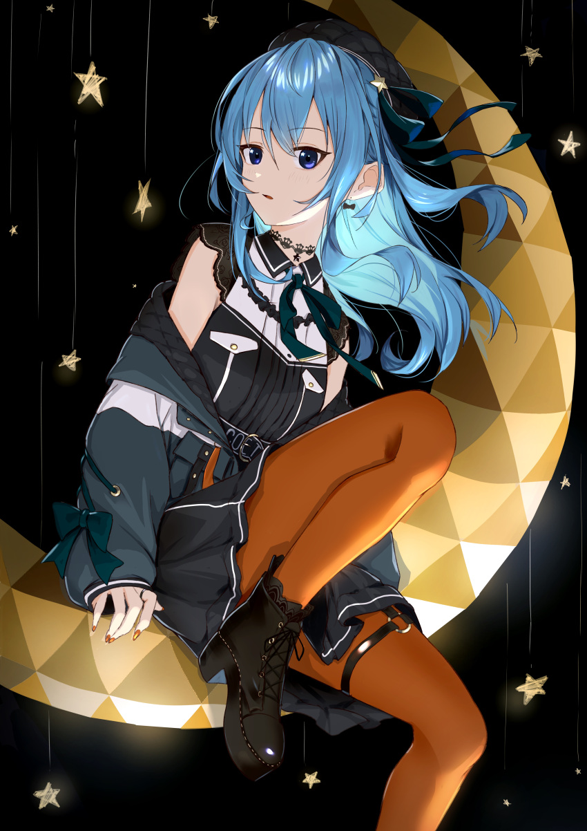 1girl absurdres belt beret black_choker black_shirt black_skirt blue_eyes blue_hair blue_jacket boots bow bow_earrings choker crescent_moon dejio earrings facing_to_the_side fingernails hat high_heel_boots high_heels highres hololive hoshimachi_suisei jacket jewelry knee_up lace lace-trimmed_boots lace-trimmed_sleeves lace_choker lace_trim leather leather_boots long_hair looking_at_viewer mobile moon nail_polish o-ring_thigh_strap off-shoulder_jacket orange_legwear orange_nails pantyhose parted_lips pendant_choker puppet_strings shirt short_sleeves sidelocks skirt solo star_(symbol) stitching thigh_strap tsurime virtual_youtuber wavy_hair wind