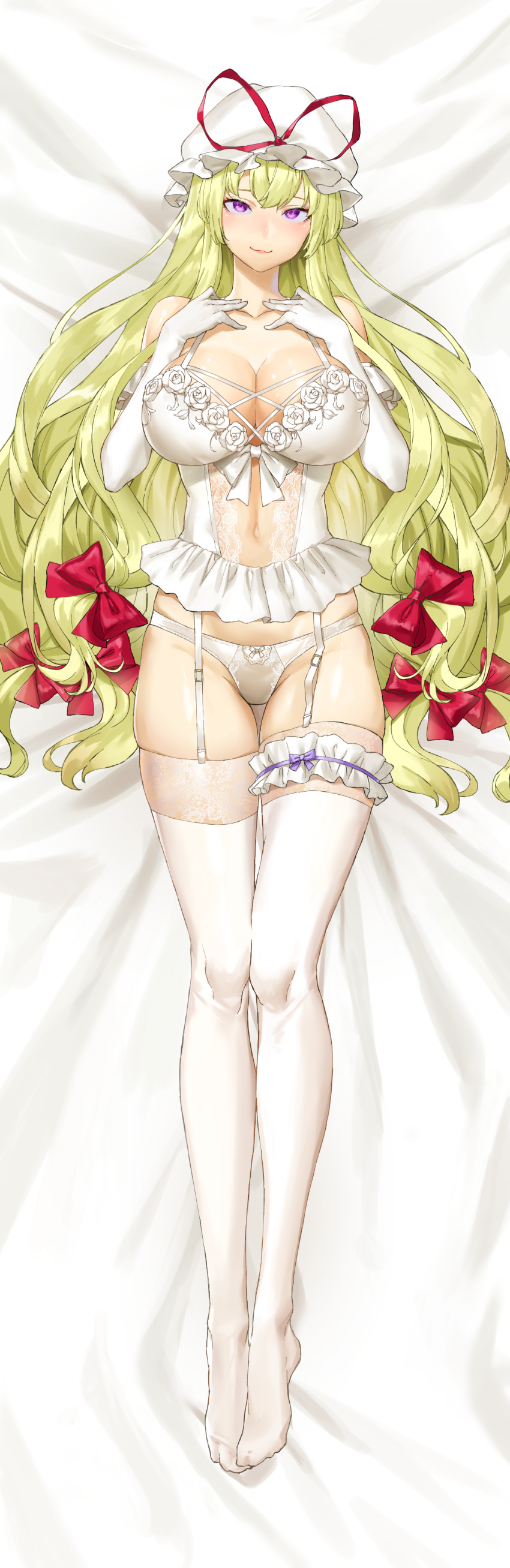 1girl absurdres bangs blonde_hair bow breasts closed_mouth corset dakimakura elbow_gloves floral_print frilled_corset frilled_gloves frills garter_straps gloves hair_between_eyes hair_bow hat hat_ribbon head_tilt highres hip_focus huge_breasts kuroi_suna lace lace-trimmed_legwear lace_trim leg_garter lingerie long_hair long_legs looking_at_viewer mob_cap on_bed outline panties pink_lips red_ribbon reflective_eyes ribbon rose_print see-through shiny shiny_clothes shiny_hair shiny_skin skindentation smile solo thigh-highs thigh_gap thighs touhou underwear underwear_only very_long_hair violet_eyes white_corset white_garter_straps white_gloves white_headwear white_legwear white_panties yakumo_yukari