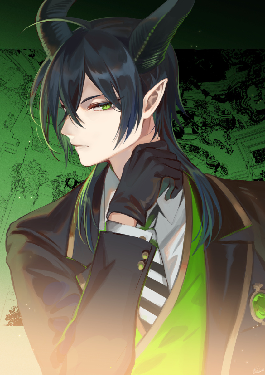1boy ahoge bangs black_gloves black_hair black_jacket closed_mouth collared_shirt commentary_request demon_horns diagonal-striped_neckwear diagonal_stripes expressionless formal gloves green_eyes hair_between_eyes hand_up hat highres horns jacket long_hair long_sleeves looking_at_viewer looking_to_the_side male_focus malleus_draconia mashuu_(neko_no_oyashiro) necktie open_clothes open_jacket pointy_ears profile shirt solo striped striped_neckwear twisted_wonderland upper_body white_shirt
