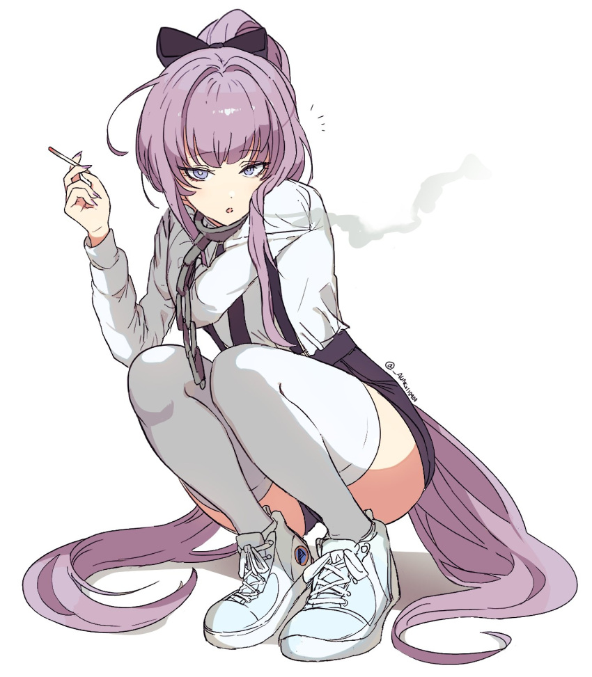 1girl :o artist_name bangs black_bow black_skirt blue_eyes bow chain cigarette commission eyebrows_visible_through_hair hair_bow highres holding holding_cigarette long_hair oh_(aung_ae) open_mouth original ponytail purple_hair shirt_tucked_in shoes skirt smoking sneakers solo thigh-highs tied_hair very_long_hair white_background