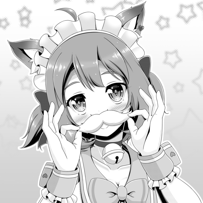 1girl ahoge animal_ear_fluff animal_ears animare bangs bell bell_choker blush bow choker closed_mouth collarbone commentary_request dog_ears eyebrows_visible_through_hair fake_facial_hair fake_mustache greyscale hands_up highres holding jingle_bell looking_at_viewer maid_headdress miso_panda monochrome sailor_collar smile solo souya_ichika starry_background two_side_up upper_body virtual_youtuber wrist_cuffs