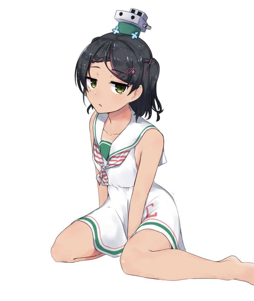 1girl barefoot black_hair collarbone dress eyebrows_visible_through_hair green_eyes hair_ornament hairclip highres kantai_collection mole mole_under_eye neckerchief parted_lips sailor_collar sailor_dress scirocco_(kantai_collection) short_hair simple_background sleeveless sleeveless_dress solo sugamo_(rainysnowy108) two_side_up white_background white_dress white_sailor_collar