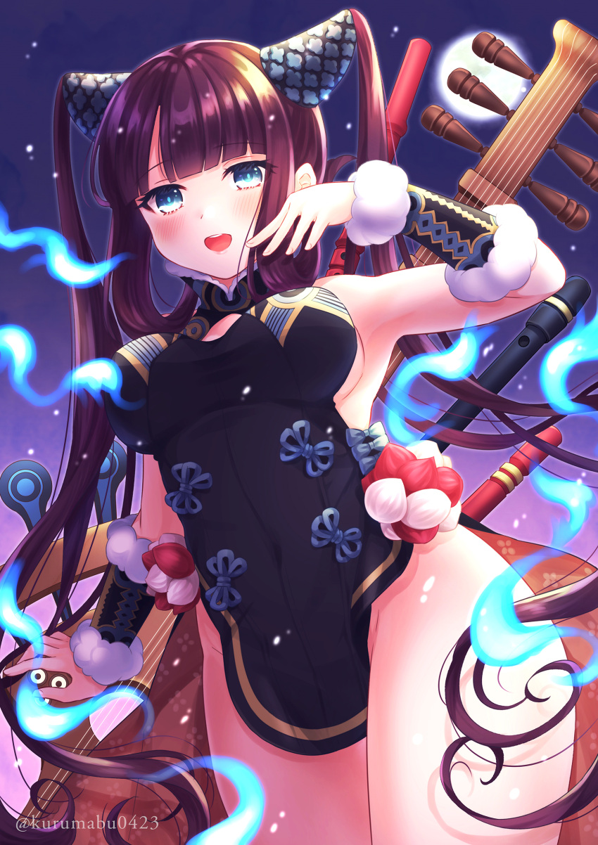 1girl bangs bare_shoulders black_dress blue_eyes blue_fire blunt_bangs blush breasts china_dress chinese_clothes detached_sleeves dress fate/grand_order fate_(series) fire flute hair_ornament highres instrument large_breasts long_hair looking_at_viewer open_mouth pika_mouse pipa_(instrument) purple_hair side_slit sidelocks smile thighs twintails very_long_hair yang_guifei_(fate/grand_order)