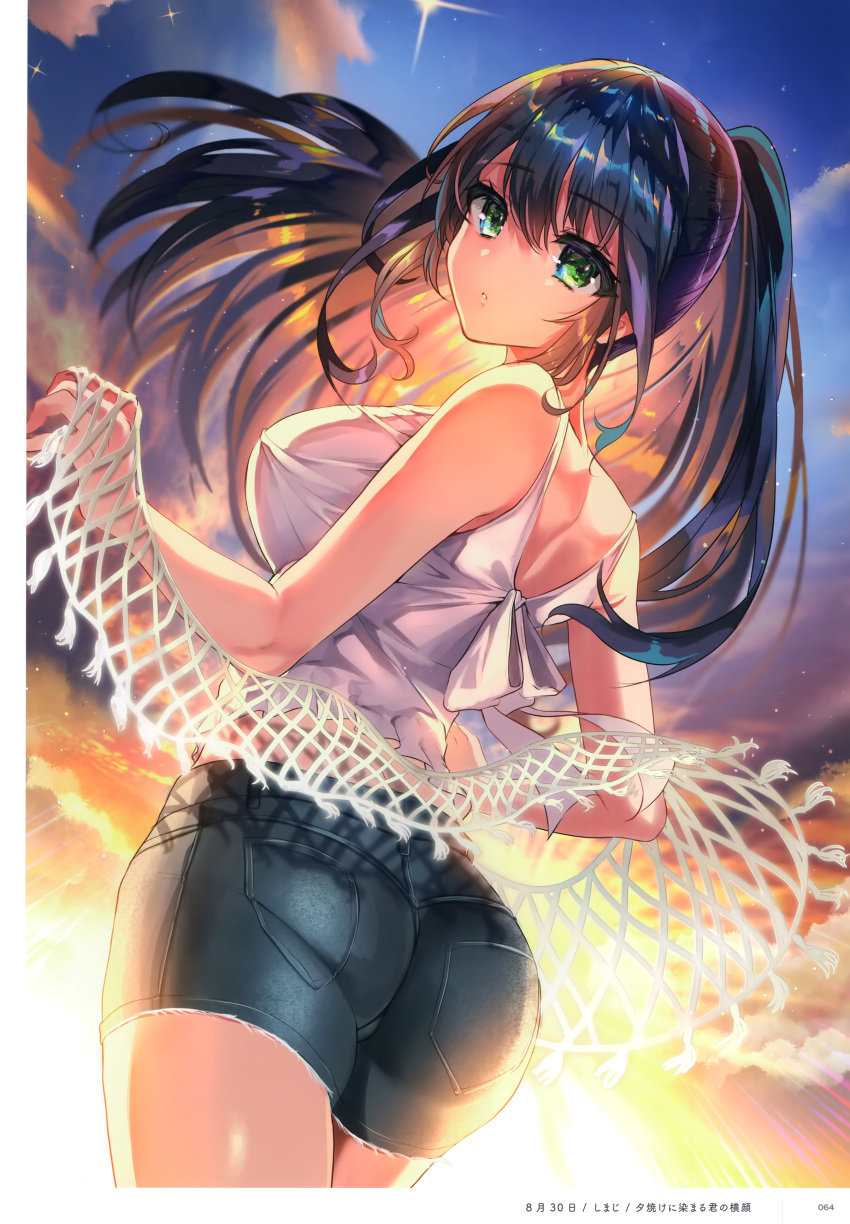 1girl absurdres artist_name ass bangs bare_shoulders black_hair blue_sky breasts from_behind green_eyes highres holding large_breasts long_hair looking_at_viewer looking_back orange_sky original outdoors page_number parted_lips ponytail scan shimaji shorts simple_background sky solo sunset
