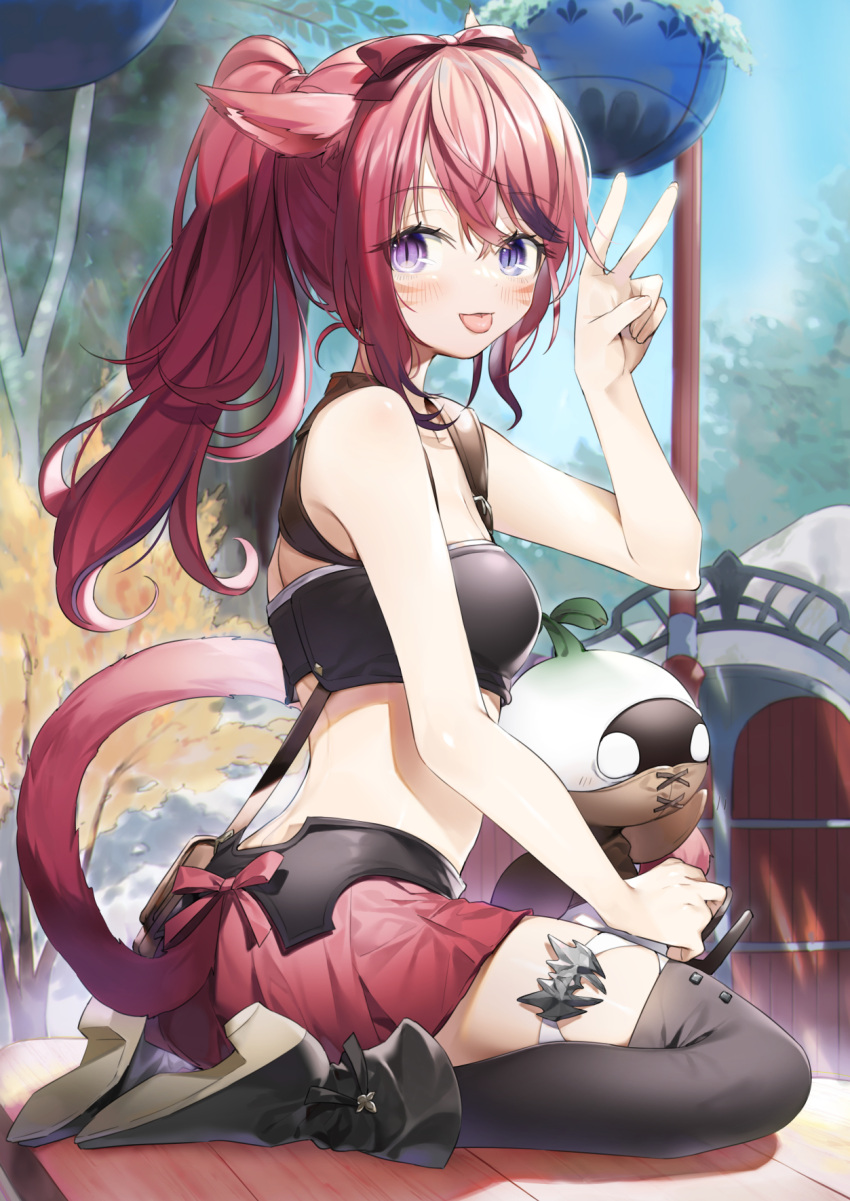 1girl animal_ears bare_arms bare_shoulders black_legwear black_shirt blue_eyes bow breasts cat_ears cat_girl cat_tail crop_top day facial_mark final_fantasy final_fantasy_xiv hair_bow hand_up heterochromia highres long_hair looking_at_viewer medium_breasts midriff miniskirt miqo'te outdoors pleated_skirt ponytail red_skirt redhead revealing_clothes shirt sitting skirt sleeveless sleeveless_shirt slit_pupils solo tail thigh-highs tongue tongue_out v violet_eyes yana_mori