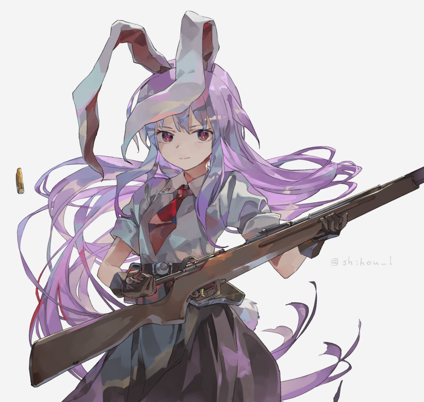 1girl animal_ears artist_name bangs black_skirt blouse brown_gloves bunny_tail closed_mouth collared_blouse commentary_request cowboy_shot floating_hair gloves grey_background gun highres holding holding_gun holding_weapon light_purple_hair long_hair looking_at_viewer medium_skirt necktie rabbit_ears red_eyes red_neckwear reisen_udongein_inaba reloading rifle shell_casing shihou_(g-o-s) short_sleeves sidelocks simple_background skirt solo tail touhou very_long_hair weapon weapon_request white_blouse wing_collar