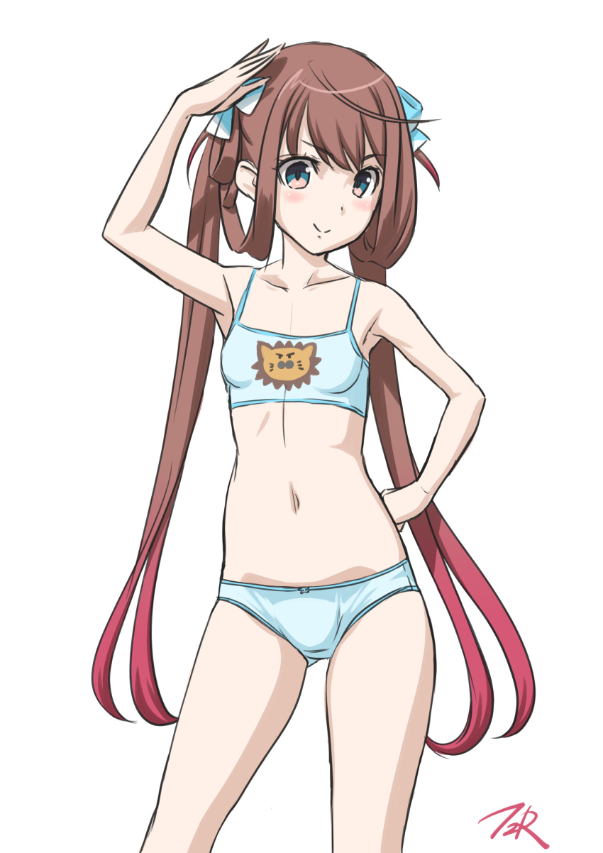 1girl armpits artist_name asagumo_(kantai_collection) bangs blue_bra blue_panties bra breasts brown_hair collarbone commentary_request contrapposto cowboy_shot eyebrows_visible_through_hair grey_eyes hair_ribbon hand_on_hip highres kantai_collection long_hair looking_at_viewer navel panties ribbon salute simple_background small_breasts smile solo standing t2r training_bra twintails underwear underwear_only white_background