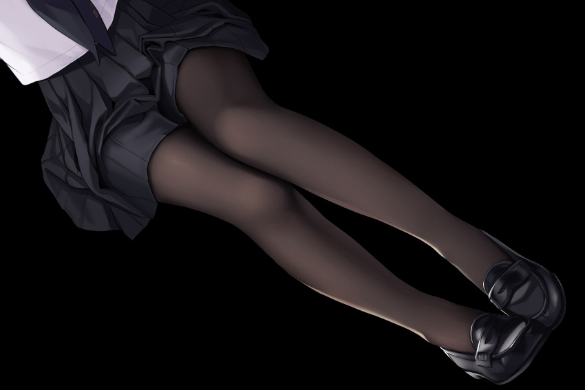 1girl absurdres allenes black_background black_legwear black_skirt dated head_out_of_frame highres loafers original pantyhose pleated_skirt school_uniform shirt shoes signature sitting skirt solo white_shirt