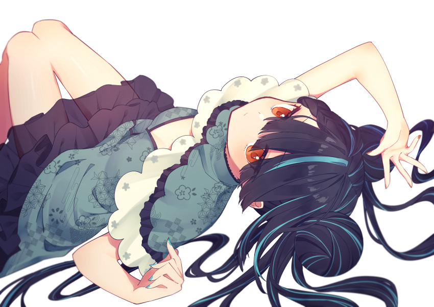 1girl absurdres black_hair blue_nails breasts china_dress chinese_clothes closed_mouth colored_inner_hair double_bun dress floral_print frilled_dress frills geometric_pattern green_dress green_hair hair_spread_out highres hinakano_h invisible_floor knees_up lolita_fashion long_hair looking_at_viewer lying multicolored_hair nail_polish on_back orange_eyes orange_nails original qi_lolita simple_background small_breasts solo streaked_hair two-tone_hair v-neck very_long_hair white_background