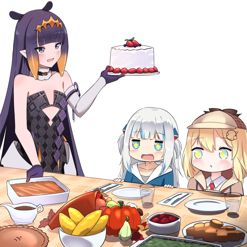 bangs black_gloves blonde_hair blue_eyes blue_hair blunt_bangs cake cup cutlery detached_sleeves detective drooling food fork fruit gawr_gura gloves hair_ornament highres hololive hololive_english knife long_hair medium_hair mofumancy mole mole_under_eye monocle_hair_ornament multicolored_hair multiple_girls necktie ninomae_ina'nis open_mouth pie plate pointy_ears pumpkin purple_hair red_neckwear sharp_teeth shirt silver_hair simple_background sparkling_eyes streaked_hair table teeth tentacles two_side_up virtual_youtuber watson_amelia white_background white_shirt