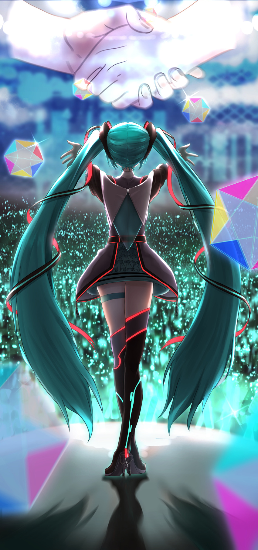 absurdres aqua_hair arms_up audience backlighting boots commentary concert dress from_behind full_body grey_dress hair_ornament hand_in_hand_(vocaloid) hatsune_miku high_heels highres itogari long_hair magical_mirai_(vocaloid) neon_trim outstretched_arms penlight ribbon sparkle stage standing thigh-highs thigh_boots thigh_strap twintails very_long_hair vocaloid
