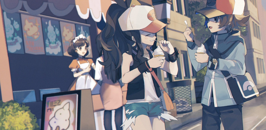 1boy 3girls apron bag baseball_cap black_vest black_wristband brown_eyes brown_hair building casteliacone closed_eyes day denim denim_shorts eating food gen_5_pokemon hands_up hat highres hilbert_(pokemon) hilda_(pokemon) holding ice_cream lamppost long_hair long_sleeves moji_(ld_ipx) multiple_girls open_mouth outdoors pants pokemon pokemon_(game) pokemon_bw road shirt short_shorts short_sleeves shorts shoulder_bag sidelocks sleeveless sleeveless_shirt smile standing street symbol_commentary tongue trash_can vanillite vest waitress_(pokemon) white_shirt wristband zipper_pull_tab