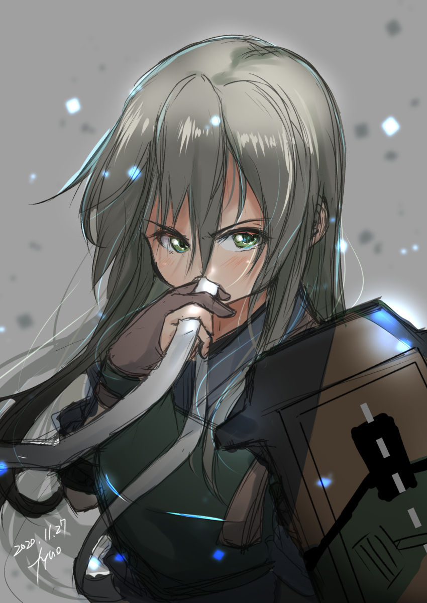 1girl artist_name breastplate brown_gloves camouflage commentary_request dark_green_hair dated fyuo gloves green_eyes hair_down headband_removed highres jinbaori kantai_collection long_hair looking_at_viewer partially_fingerless_gloves solo upper_body zuikaku_(kantai_collection)
