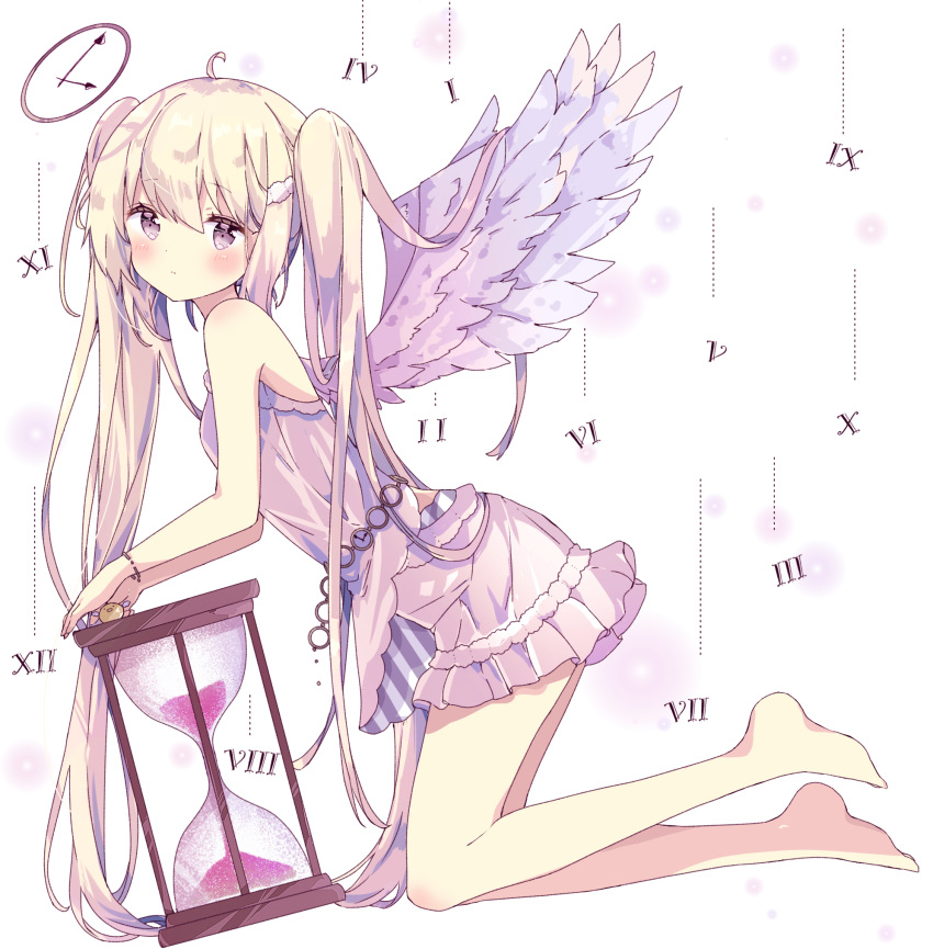 1girl bangs bare_shoulders barefoot blonde_hair clock commentary dress eyebrows_visible_through_hair from_side full_body hair_between_eyes highres hourglass kneeling long_hair looking_at_viewer looking_to_the_side original purple_dress roman_numeral sleeveless sleeveless_dress solo striped symbol-only_commentary tsukiyo_(skymint) twintails vertical_stripes very_long_hair violet_eyes white_background