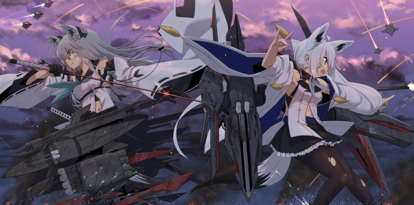 2girls animal_ears artist_name azur_lane bangs black_gloves black_legwear black_skirt blue_neckwear braid commentary_request detached_sleeves eyebrows_visible_through_hair fox_ears fox_girl fox_shadow_puppet fox_tail frilled_skirt frills gloves green_eyes grey_hair hair_between_eyes highres holding holding_sword holding_weapon hololive katana kawakaze_(azur_lane) long_hair midriff mizunashi_(second_run) multiple_girls navel neckerchief open_mouth outstretched_arm pantyhose pose rigging shirakami_fubuki shirt sidelocks single_braid skirt sleeveless sleeveless_shirt sword tail torn_clothes torn_legwear virtual_youtuber weapon white_hair white_shirt