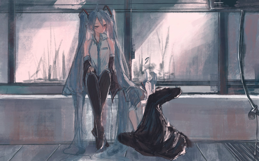 2girls aqua_neckwear bare_shoulders black_jacket black_legwear black_sleeves blue_eyes blue_hair cable commentary crossed_legs detached_sleeves dual_persona genn_00o grey_shirt hair_ornament hatsune_miku highres jacket light_smile long_hair looking_at_another multiple_girls necktie on_floor shirt sitting sleeveless sleeveless_shirt thigh-highs twintails very_long_hair vocaloid