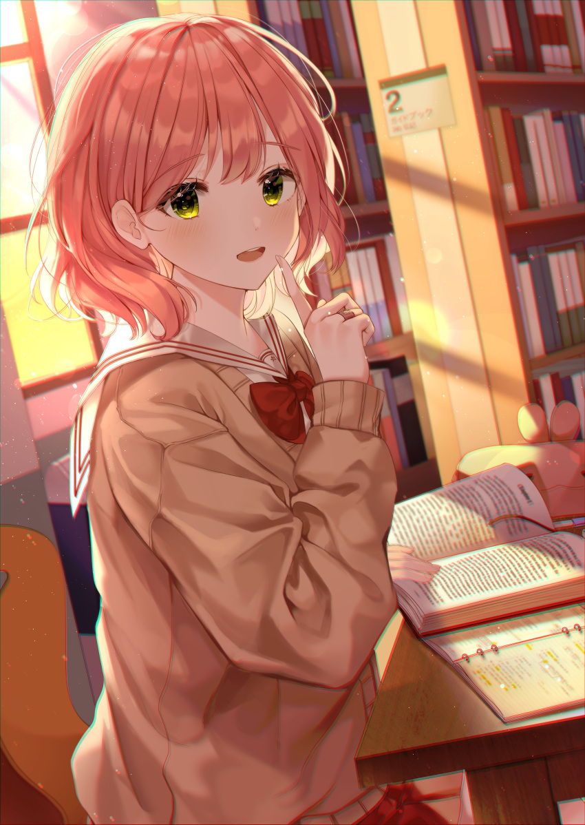 1girl absurdres bandaid blush bow bowtie cardigan eyebrows_visible_through_hair eyes_visible_through_hair green_eyes highres indoors library long_hair looking_at_viewer looking_to_the_side myowa open_mouth orange_hair original pink_hair reading red_bow red_skirt school_uniform short_hair sitting skirt solo teeth