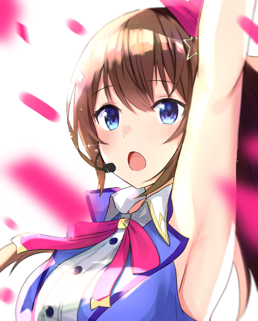 1girl armpits bangs blue_eyes bow brown_hair close-up eyebrows_visible_through_hair furai_sen hair_bow headset highres hololive idol idol_clothes looking_ahead music open_mouth petals pink_bow singing solo tokino_sora