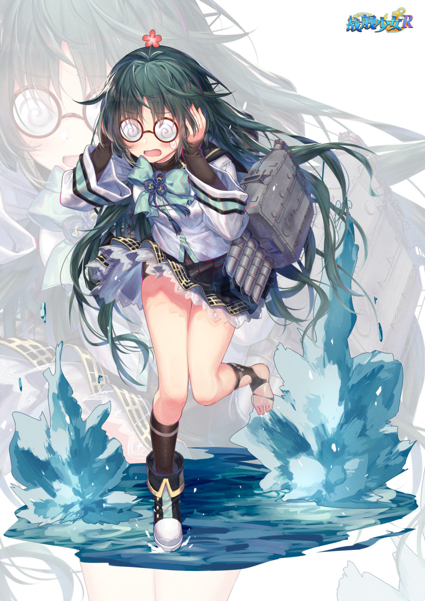 1girl alternate_hairstyle blush boots coke-bottle_glasses covering_ears explosion full_body glasses green_hair highres long_hair nowaki_(warship_girls_r) official_art open_mouth shenbei_xiaoqiu shorts shorts_under_skirt solo torn_clothes torpedo torpedo_tubes warship_girls_r water