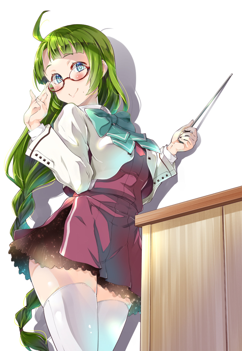1girl bespectacled blue_neckwear bow bowtie braid glasses green_hair halterneck highres holding holding_pointer imu_sanjo kantai_collection long_hair long_sleeves mole mole_under_mouth pointer red-framed_eyewear school_uniform shirt single_braid smile solo thigh-highs very_long_hair white_legwear white_shirt yuugumo_(kantai_collection)