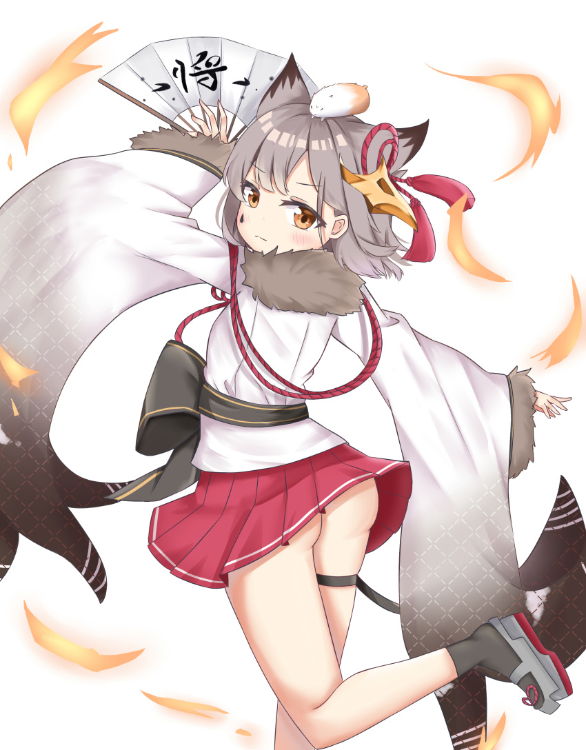 1girl absurdres animal_ears animal_on_head ass azur_lane brown_eyes extra_ears eyebrows_visible_through_hair fan fur_trim grey_hair hamster highres holding holding_fan ink_stain looking_at_viewer looking_back miniskirt on_head pleated_skirt red_skirt rudder_footwear shiroino_(gtwo5024) short_hair simple_background skirt solo suzutsuki_(azur_lane) white_background wide_sleeves