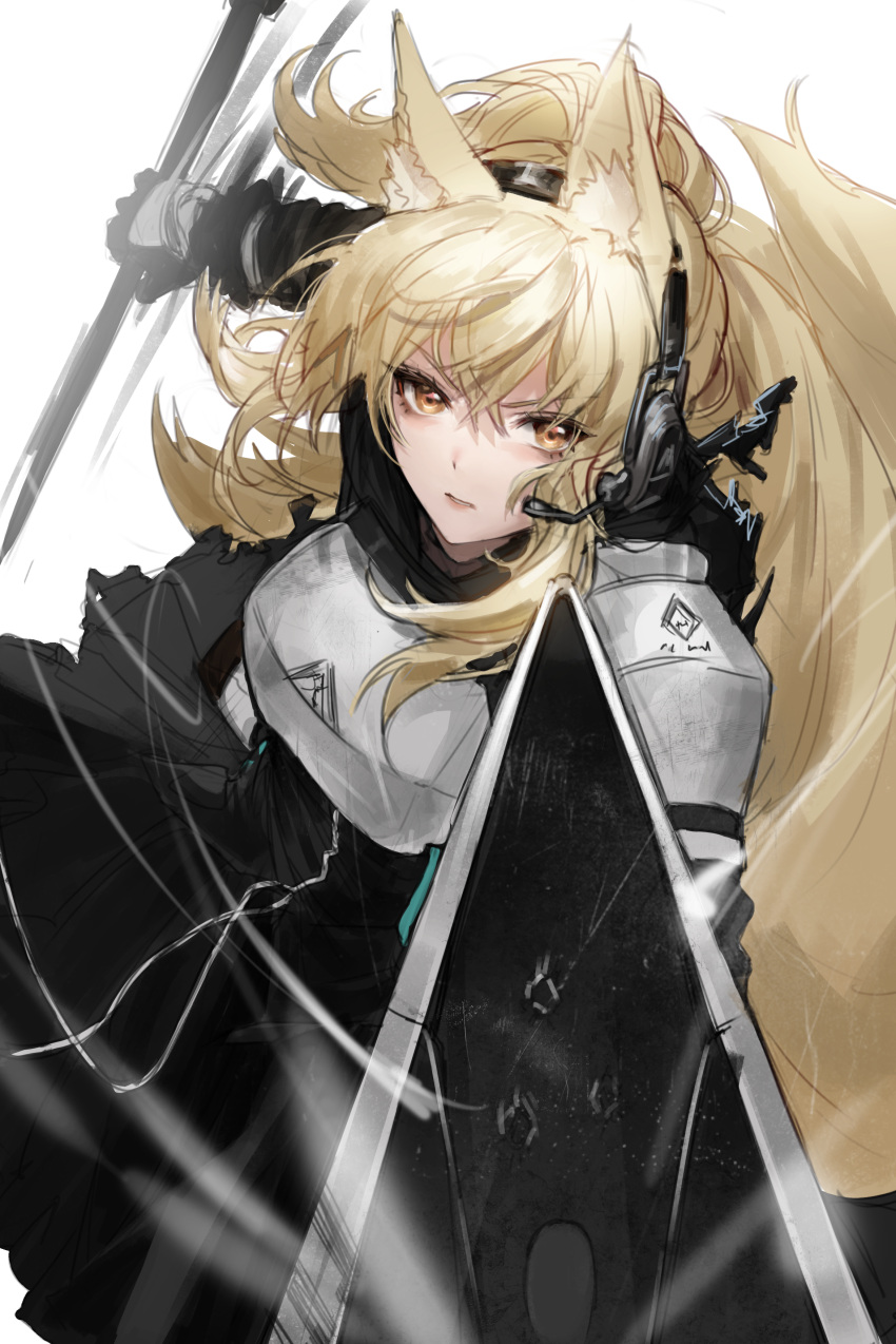 1girl absurdres animal_ear_fluff animal_ears arknights armor axe bangs blonde_hair breastplate hair_between_eyes headphones headset highres holding holding_axe holding_shield holding_weapon horse_ears horse_girl horse_tail large_tail long_hair nearl_(arknights) pauldrons ponytail shield shoulder_armor simple_background solo sowb tail weapon white_background yellow_eyes