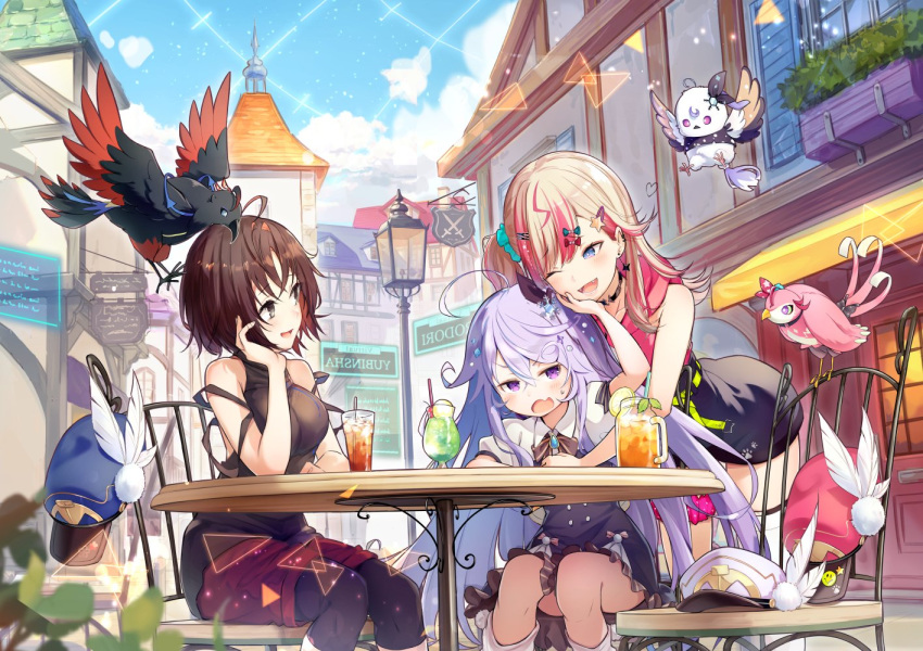 3girls ahoge behind_back bird black_hair blush brat breasts chair clouds commentary_request copyright_request drink fangs hat long_hair multiple_girls official_art one_eye_closed open_mouth orange_hair purple_hair short_hair sky table virtual_youtuber