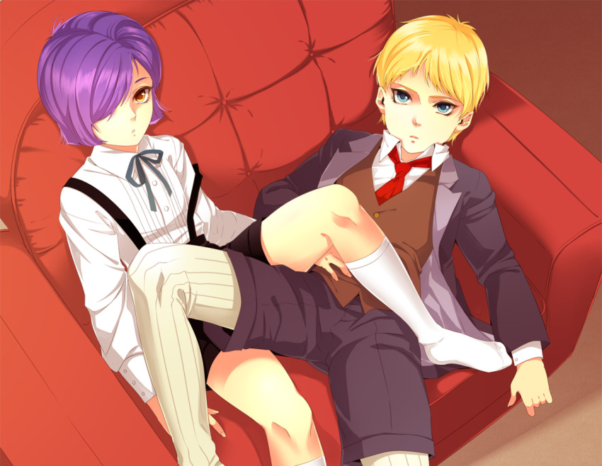 2boys blonde_hair blue_eyes brown_eyes casval_rem_deikun char_aznable child garma_zabi gundam itsmefool male_focus mobile_suit_gundam mobile_suit_gundam_the_origin multiple_boys necktie purple_hair short_hair shorts sitting suspenders vest younger