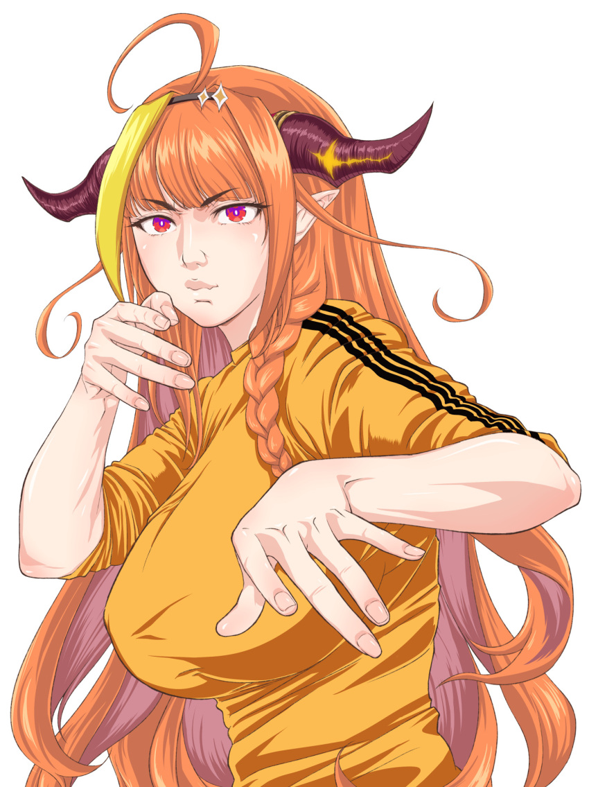 1girl adidas ahoge bangs blunt_bangs braid bruce_lee bruce_lee's_jumpsuit closed_mouth commentary_request dragon_girl dragon_horns eyelashes fang fang_out fingernails fingers game_of_death gradient_eyes hairband highlights highres hokke_(fryinghokke) hololive horns kiryuu_coco long_hair looking_at_viewer multicolored multicolored_eyes multicolored_hair narrow_waist orange_hair parody pointy_ears red_eyes side_braid simple_background skin_fang sleeves_rolled_up solo upper_body virtual_youtuber white_background