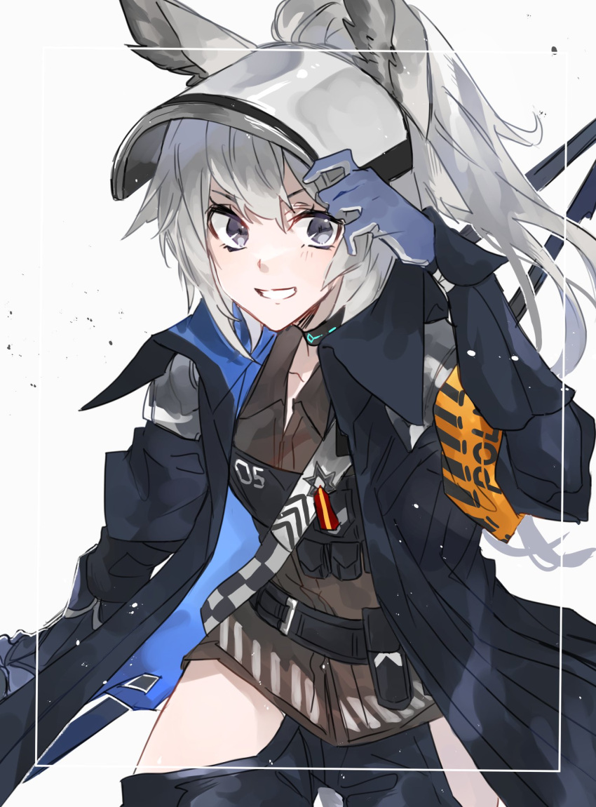 1girl adjusting_clothes adjusting_headwear animal_ears arknights armband bangs blue_coat blue_pants breasts brown_shirt coat flat_chest gauntlets gloves grani_(arknights) grey_eyes grey_hair grey_headwear grin hand_up highres hip_vent holding holding_spear holding_weapon horse_ears horse_girl long_hair looking_at_viewer multiple_straps open_clothes open_coat pants polearm ponytail popped_collar shirt shoulder_guard sideways_glance silver_hair small_breasts smile solo spear visor_cap weapon yakota_(usuk-yako)