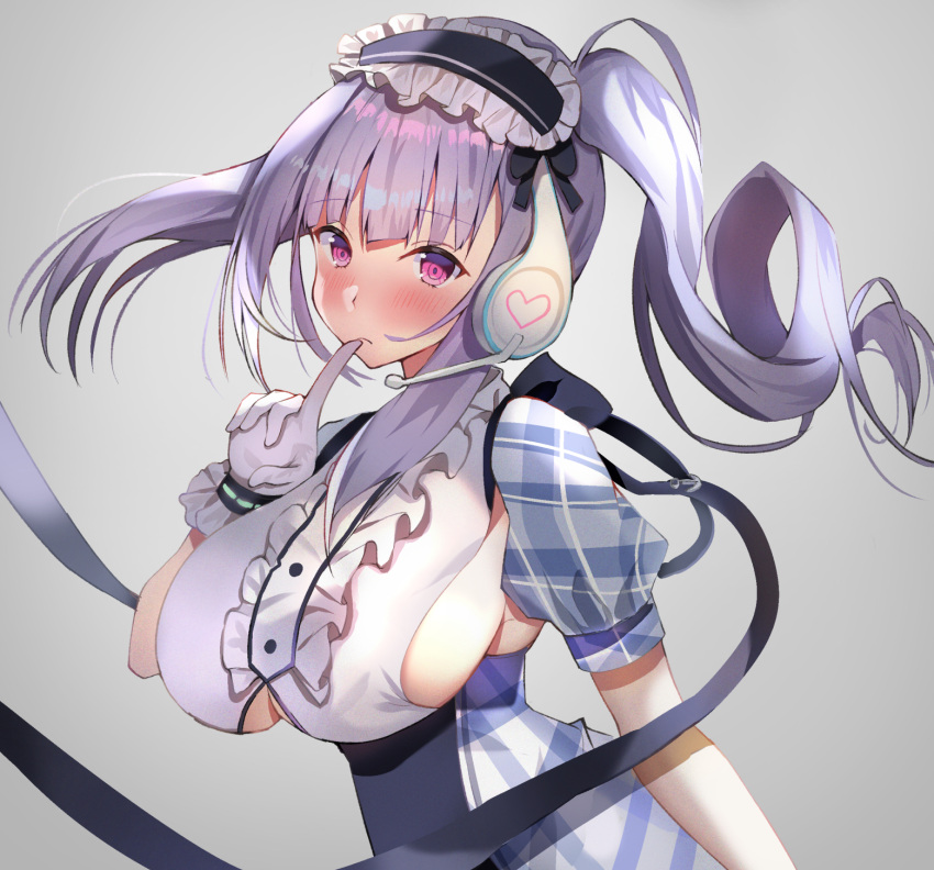 1girl aa44 azur_lane breasts clothing_cutout commentary dido_(azur_lane) earphones eyebrows_visible_through_hair finger_to_mouth gloves grey_background highres large_breasts light_purple_hair long_hair looking_at_viewer looking_to_the_side short_sleeves side_ponytail sideboob simple_background solo under_boob underboob_cutout violet_eyes white_gloves