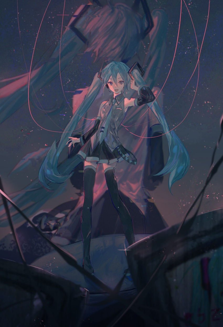 1girl aisarenakute_mo_kimi_ga_iru_(vocaloid) aqua_neckwear back-to-back bare_shoulders black_legwear black_skirt black_sleeves blue_eyes blue_hair cable commentary contrapposto detached_sleeves from_behind full_body genn_00o glint glitch grey_shirt hair_ornament hand_on_headphones hand_up hatsune_miku headphones headset highres long_hair looking_at_viewer miniskirt necktie night night_sky open_mouth pleated_skirt projected_inset scar shirt skinny skirt sky sleeveless sleeveless_shirt smile standing star_(sky) starry_sky television_screen thigh-highs twintails very_long_hair vocaloid zettai_ryouiki