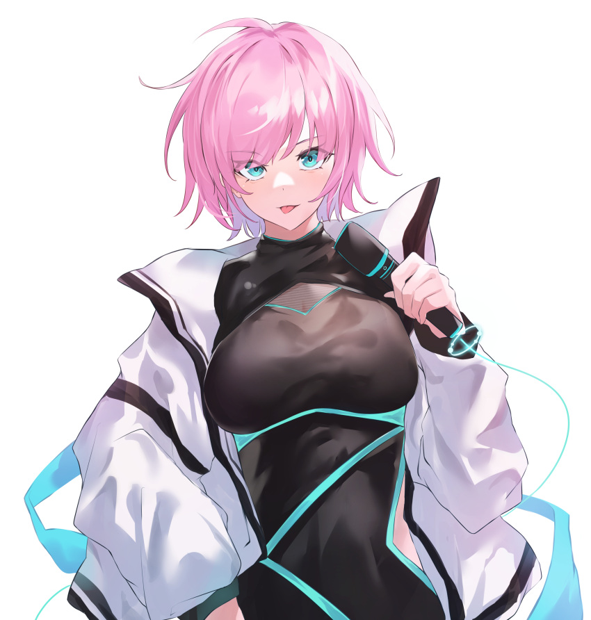 1girl :p absurdres bangs black_leotard blue_eyes breasts closed_mouth commentary_request eyebrows_visible_through_hair hand_up highres holding holding_microphone jacket large_breasts leotard long_sleeves microphone nijisanji open_clothes open_jacket pink_hair simple_background smile solo tongue tongue_out upper_body virtual_youtuber white_background white_jacket yuki_maccha_(yukimattya10) yuuhi_riri