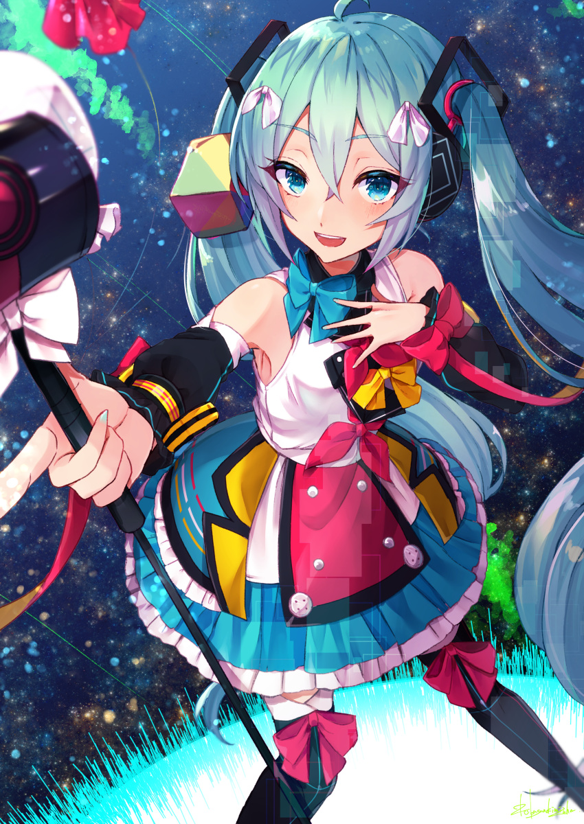 1girl absurdres ahoge aqua_hair aqua_nails artist_name bangs black_sleeves black_thighhighs blue_bow blue_dress blue_eyes bow bow_legwear crossed_bangs detached_sleeves dress frilled_dress frills hair_between_eyes hair_bow hand_on_own_chest hatsune_miku headset highres holding holding_megaphone kusunokimizuha layered_dress legs_apart light_blush looking_at_viewer magical_mirai_(vocaloid) magical_mirai_miku magical_mirai_miku_(2018) megaphone multicolored_clothes multicolored_dress open_mouth outstretched_arm pink_bow pink_dress signature sleeveless sleeveless_dress smile solo teeth thigh-highs twintails upper_teeth vocaloid white_bow white_dress yellow_bow