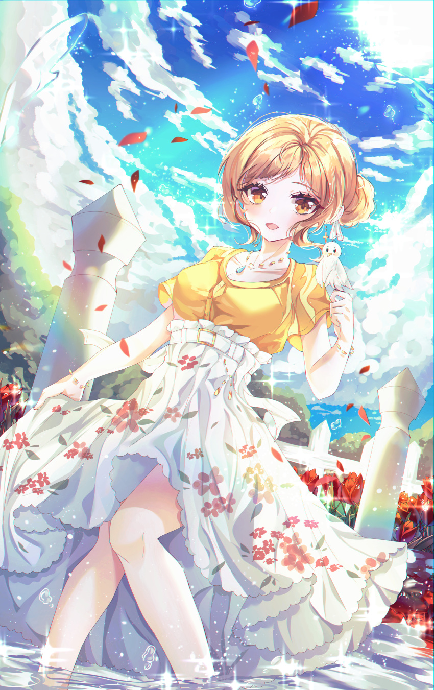 1girl :d absurdres bangs bird bird_on_finger blonde_hair blue_sky clouds collarbone day flower garden gem highres huge_filesize idolmaster idolmaster_shiny_colors jewelry knees_together_feet_apart lifted_by_self long_skirt necklace open_mouth outdoors parted_bangs petals pillar print_skirt revision sakuragi_mano shirt sidelocks skirt skirt_hold sky smile solo sparkle sun tree wading water white_bird white_skirt wine_(2148_wine) yellow_eyes yellow_shirt
