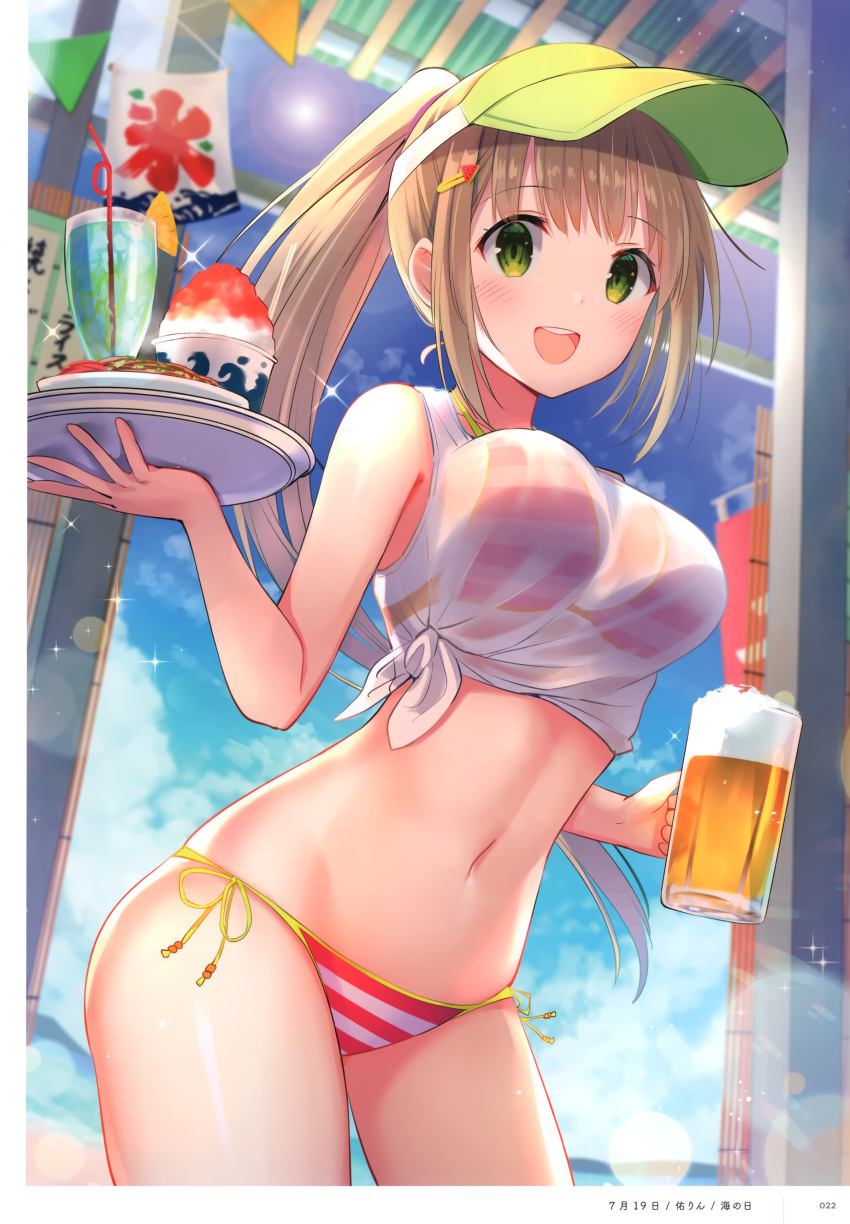 1girl absurdres alcohol artist_name bangs bare_shoulders beer beer_mug bikini blue_sky blush breasts clouds cloudy_sky cup day drinking_straw dual_wielding eyebrows_visible_through_hair food green_eyes hair_ornament hairclip highres holding indoors light_brown_hair long_hair looking_at_viewer medium_breasts melonbooks mug navel ocean open_mouth page_number ponytail scan see-through shiny shiny_hair simple_background sky smile solo sparkle stomach striped striped_bikini sun sunlight swimsuit tied_hair tray u_rin visor_cap
