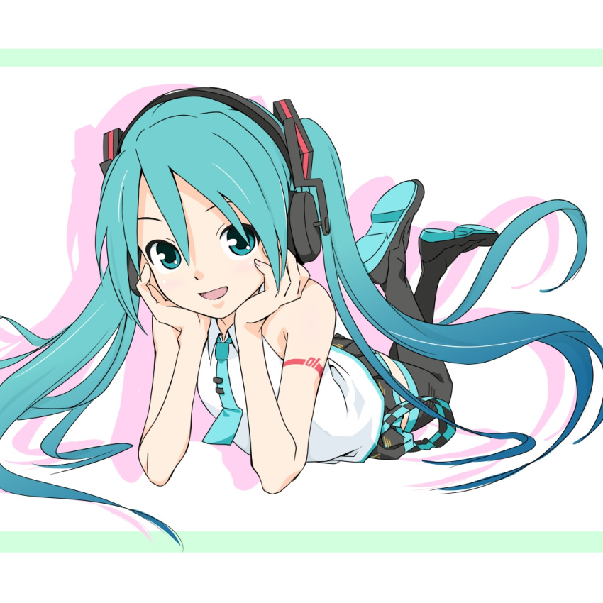 1girl aqua_eyes aqua_hair aqua_neckwear arm_support bare_shoulders belt black_legwear black_skirt chin_rest commentary full_body hair_ornament hands_on_own_cheeks hands_on_own_face hatsune_miku headphones legs_up letterboxed long_hair looking_at_viewer lying miniskirt necktie on_stomach open_mouth pleated_skirt shadow shirt shoulder_tattoo skirt sleeveless sleeveless_shirt smile solo soukun_s tattoo thigh-highs twintails very_long_hair vocaloid vocaloid_(lat-type_ver) white_background white_shirt zettai_ryouiki