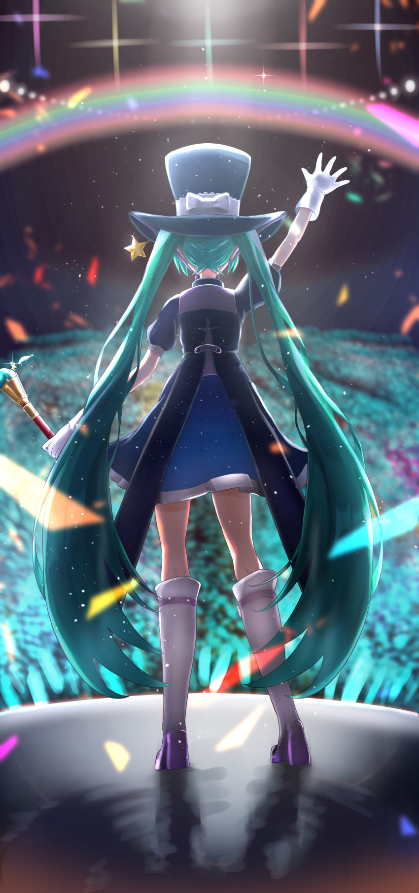 1girl absurdres aqua_hair arm_up audience backlighting black_headwear blue_dress blue_headwear boots bow commentary concert confetti diffraction_spikes dress from_behind full_body gloves hair_ornament hat hat_bow hatsune_miku highres holding holding_wand itogari knee_boots light_particles long_hair magical_mirai_(vocaloid) outstretched_arm penlight rainbow standing star_(symbol) star_hair_ornament top_hat twintails very_long_hair vocaloid wand waving white_gloves