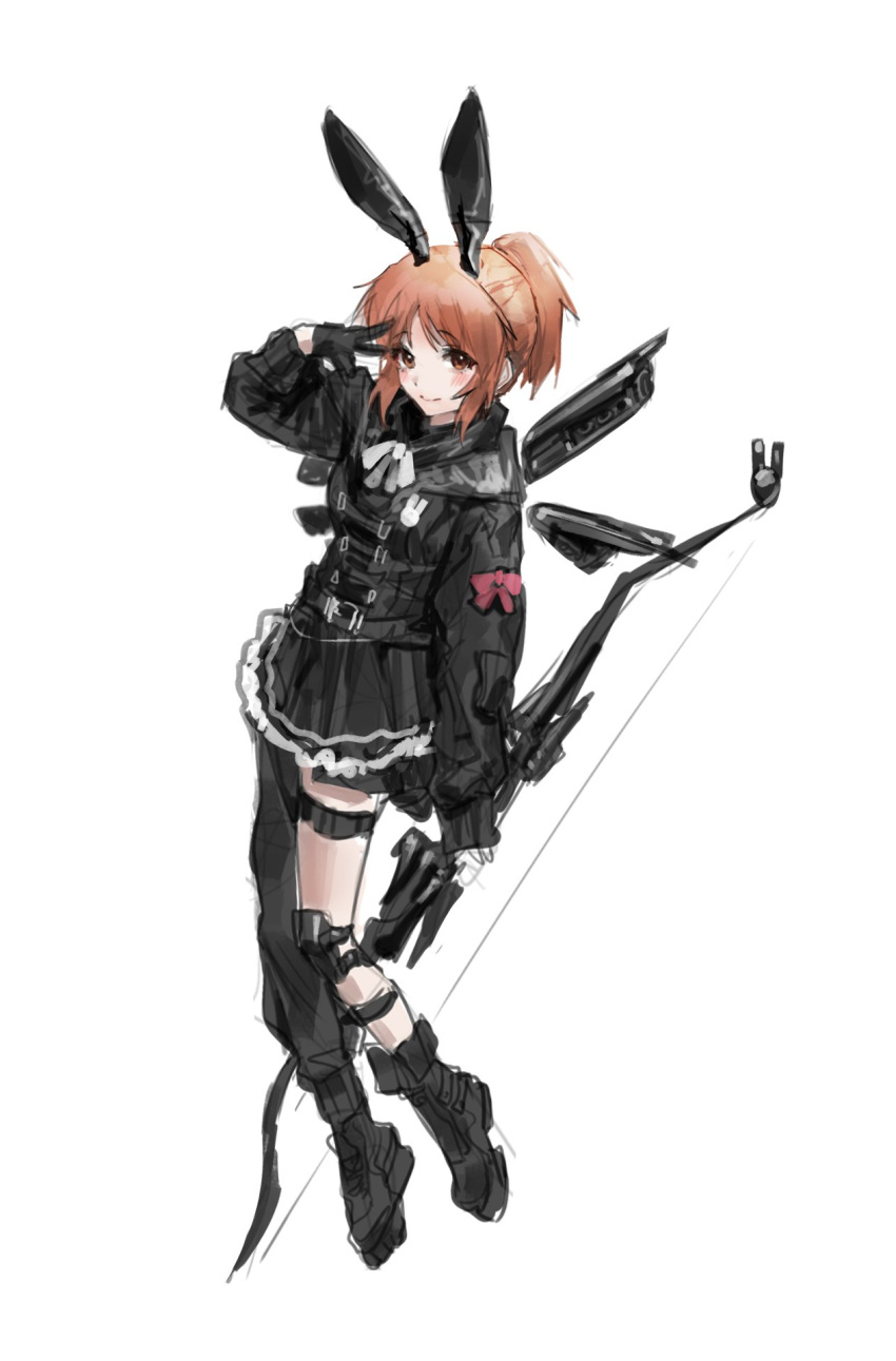 1girl animal_ears boots bow_(weapon) compound_bow copyright_request gloves hair_bun highres knee_pads looking_at_viewer rabbit_ears ribbon salute short_hair sketch skirt solo sowb v weapon