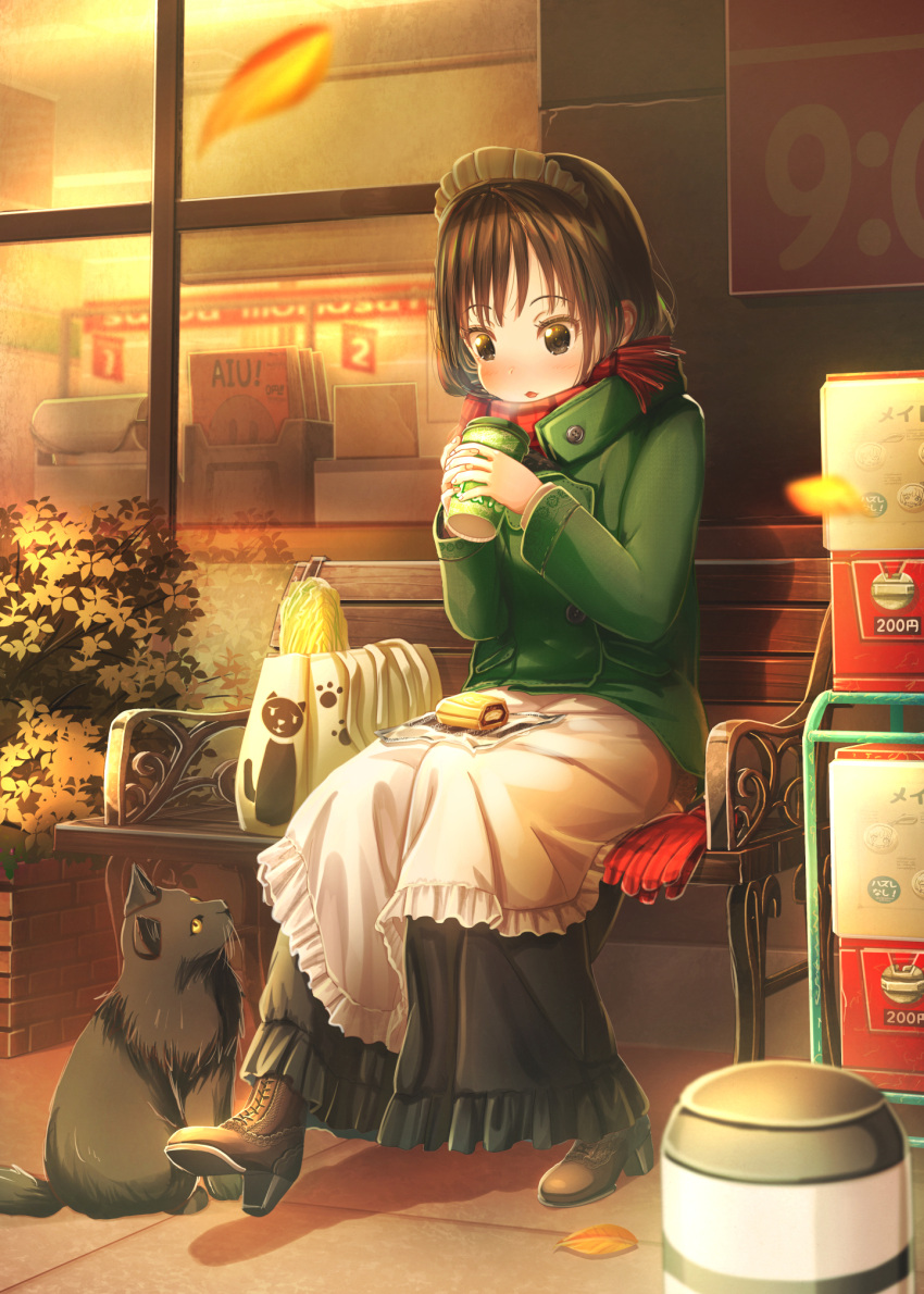 1girl abo_(kawatasyunnnosukesabu) alternate_costume apron autumn_leaves bag bench black_cat blush bob_cut boots brown_hair cat cat_bag coat coffee_cup convenience_store cup disposable_cup dress eating enmaided eyebrows_visible_through_hair gloves green_coat handbag high_heels highres long_dress looking_at_animal looking_down maid maid_apron maid_headdress open_mouth original outdoors plant red_gloves red_scarf scarf shop short_hair sitting solo winter_clothes winter_coat
