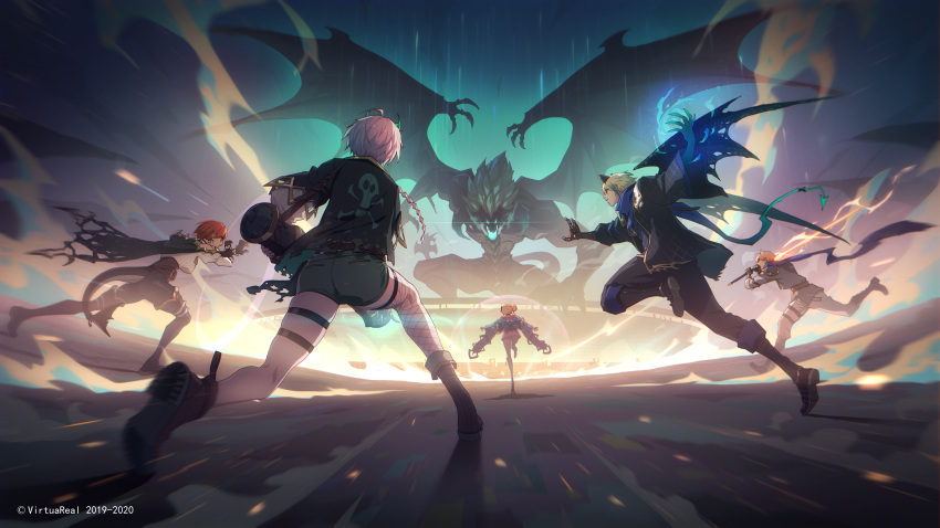 2boys 3girls absurdres battle blonde_hair brown_eyes brown_hair cape character_request daye_bie_qia_lian eine_(virtuareal) fish_tail fishnet_legwear fishnets gloves highres holding holding_weapon huge_filesize league_of_legends monster multicolored_hair multiple_boys multiple_girls nanami_(virtuareal) pink_hair running short_hair shorts single_thighhigh tail thigh-highs thigh_strap two-tone_hair virtual_youtuber virtuareal weapon white_hair wings