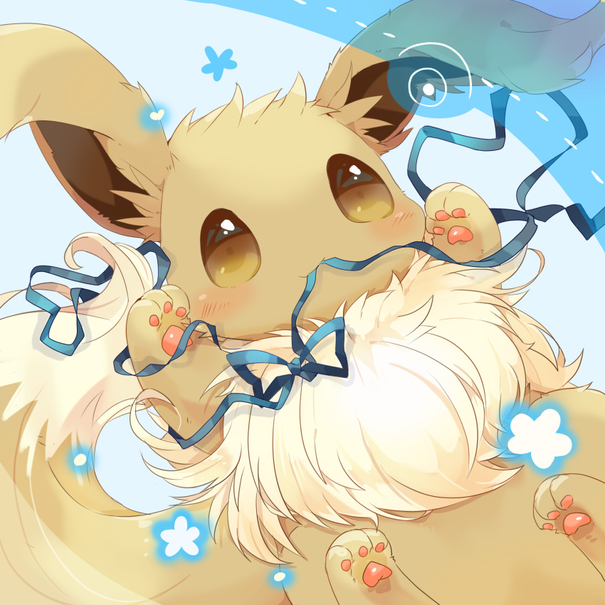 blue_ribbon blush brown_eyes brown_fur closed_mouth commentary_request creature eevee gen_1_pokemon heart highres mouth_hold no_humans paws pokemon pokemon_(creature) ribbon smile solo ushiina