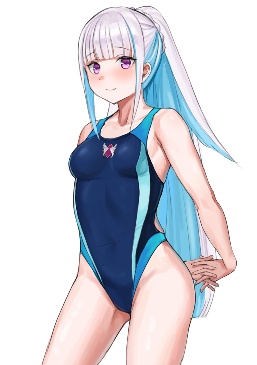 1girl absurdres aqua_hair arms_behind_back bangs blue_swimsuit blunt_bangs blush breasts eyebrows_visible_through_hair highres interlocked_fingers kuro_(zhurunbo1997) lize_helesta long_hair medium_breasts multicolored_hair nijisanji one-piece_swimsuit ponytail simple_background smile solo swimsuit two-tone_hair violet_eyes virtual_youtuber white_background white_hair