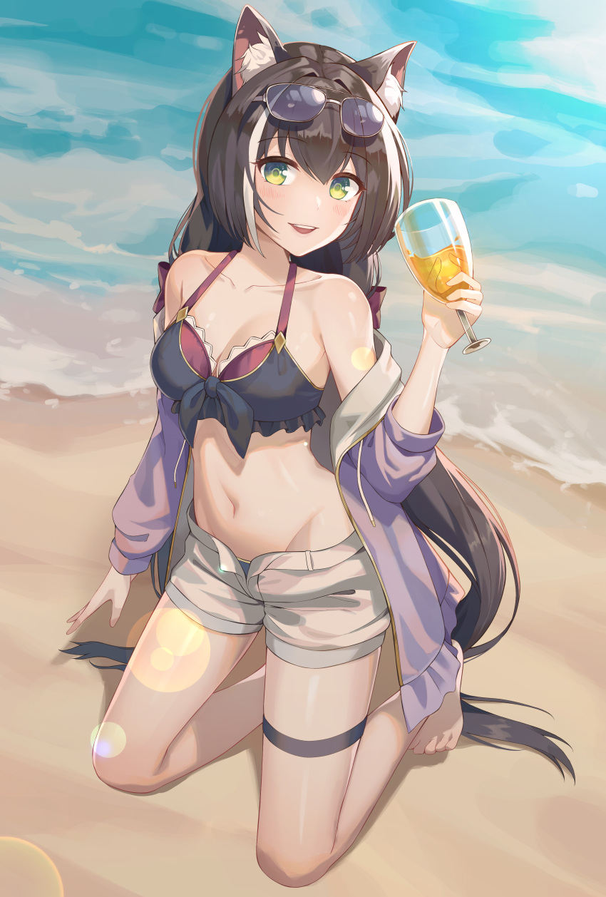 1girl absurdres animal_ear_fluff animal_ears bangs bare_shoulders barefoot beach bikini black_bikini black_hair breasts cat_ears cat_girl cat_tail cjw01 collarbone cup drink drinking_glass eyebrows_visible_through_hair eyewear_on_head front-tie_bikini front-tie_top full_body green_eyes highres holding holding_cup hood hoodie karyl_(princess_connect!) kneeling lens_flare long_hair looking_at_viewer low_twintails medium_breasts multicolored_hair navel ocean off_shoulder open_clothes open_hoodie open_shorts princess_connect! princess_connect!_re:dive shorts smile solo stomach streaked_hair sunglasses swimsuit tail thigh_strap twintails very_long_hair water white_hair white_shorts