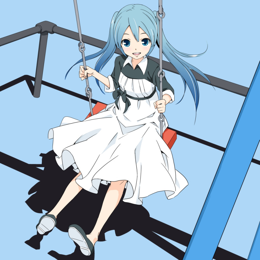1girl aqua_eyes aqua_hair blue_background blue_shirt collared_shirt commentary dress from_above full_body hatsune_miku light_smile looking_at_viewer medium_hair open_mouth outstretched_legs shadow shirt sitting solo soukun_s swing twintails vocaloid vocaloid_(lat-type_ver) white_dress