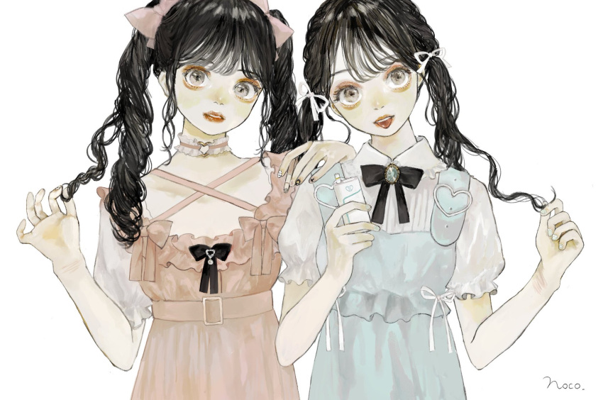 2girls bangs belt black_bow black_hair bow braid brooch choker commentary_request darico dress dress_bow electronic_cigarette eyeshadow fingernails frilled_choker frilled_sleeves frills gem grey_eyes hair_bow hair_ribbon heart heart_choker high_belt highres holding holding_hair jewelry long_hair looking_at_viewer makeup multiple_girls nail_art orange_eyeshadow original parted_lips pink_belt pink_bow pink_choker playing_with_own_hair puffy_short_sleeves puffy_sleeves ribbon scar short_sleeves signature simple_background suspenders tongue tongue_out twintails upper_body upper_teeth white_background white_ribbon wrist_cutting