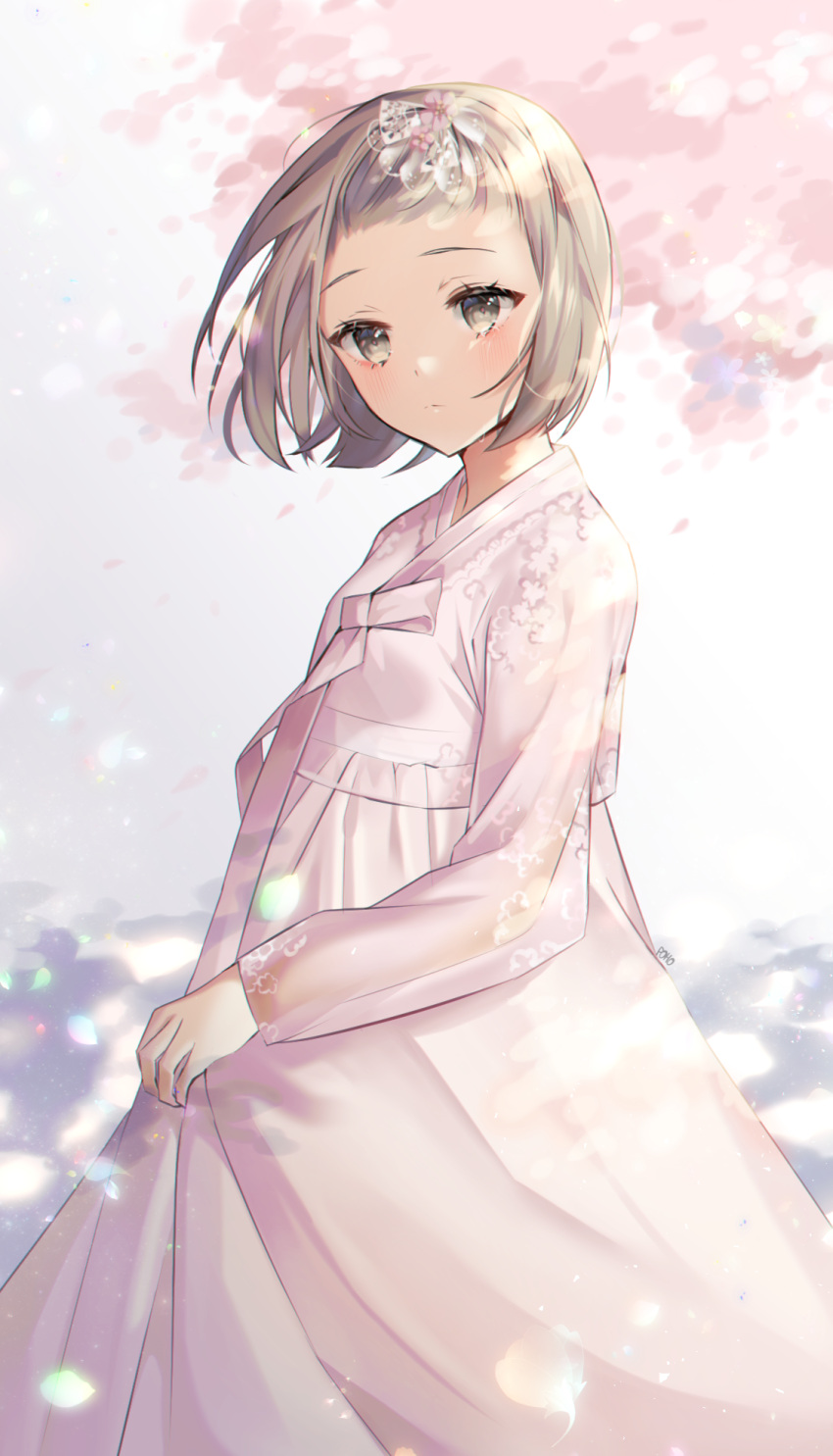 1girl blush brown_eyes brown_hair closed_mouth commission cowboy_shot flower forehead hair_flower hair_ornament hanbok highres korean_clothes long_sleeves looking_at_viewer original pink_flower pink_ribbon poho ribbon see-through short_hair solo symbol_commentary