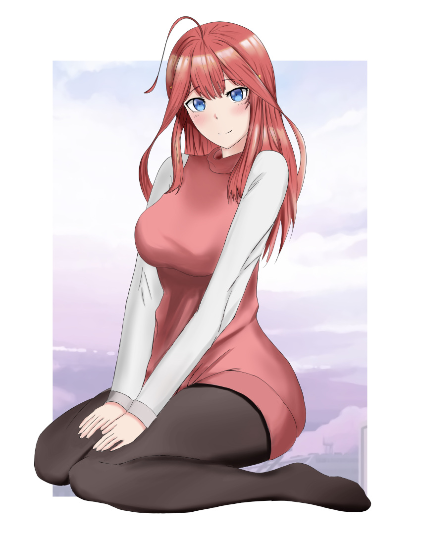 1girl absurdres ahoge blue_eyes blush breasts evalence hair_ornament hairclip head_tilt highres large_breasts long_hair looking_at_viewer md5_mismatch nakano_itsuki red_vest redhead resolution_mismatch shirt smile source_smaller sweater thigh-highs thighs vest white_shirt
