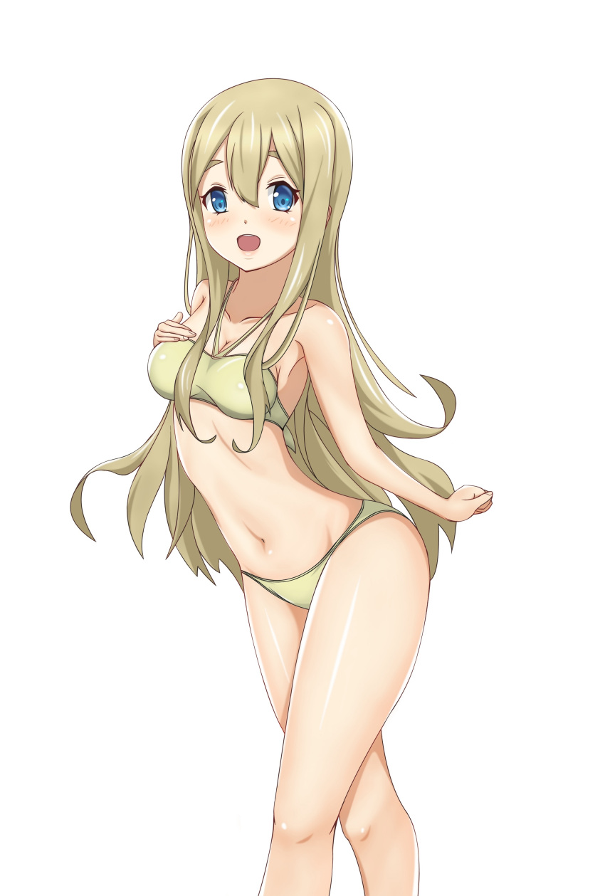 absurdres bikini blonde_hair blue_eyes blush breasts eyebrows hand_on_own_chest highres k-on! kotobuki_tsumugi midriff navel open_mouth swimsuit thick_eyebrows thick_thighs thighs white_background yasuc yellow_swimsuit